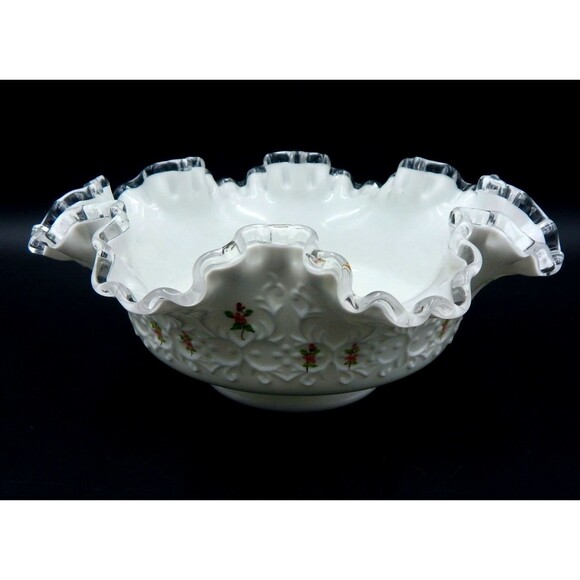Fenton Silver Crest Spanish Lace Bowl Violets In The Snow 10 Inch Console - Picture 1 of 12